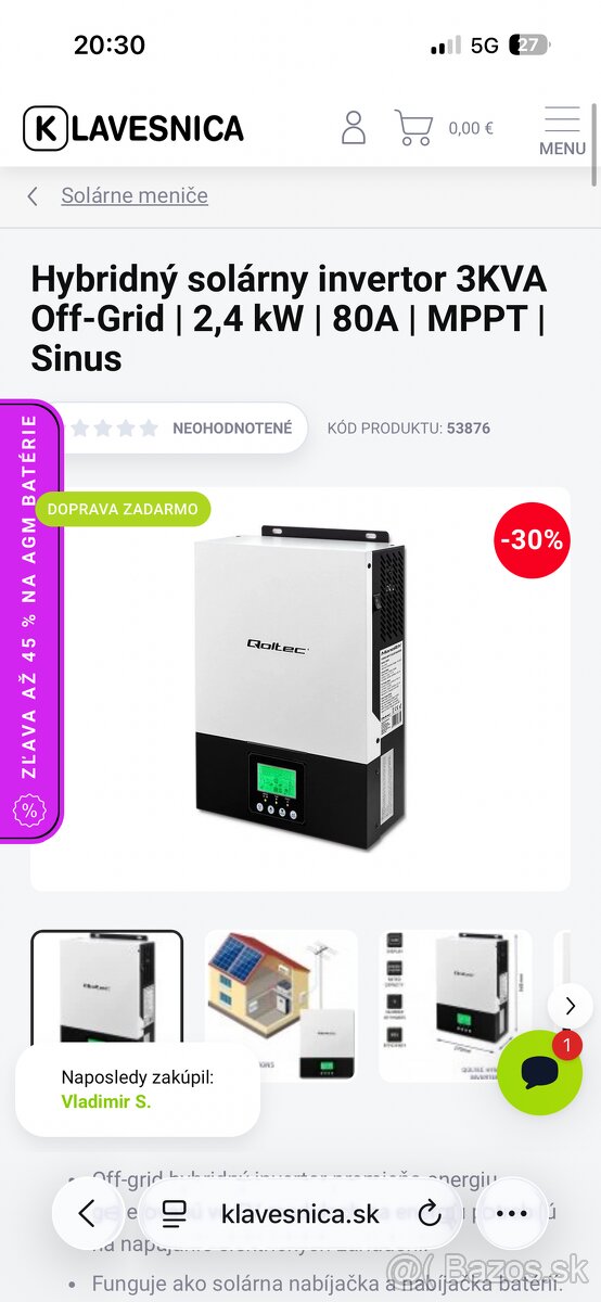 Hybridný menič Qoltec 2,4kw 24v MPPT 80A