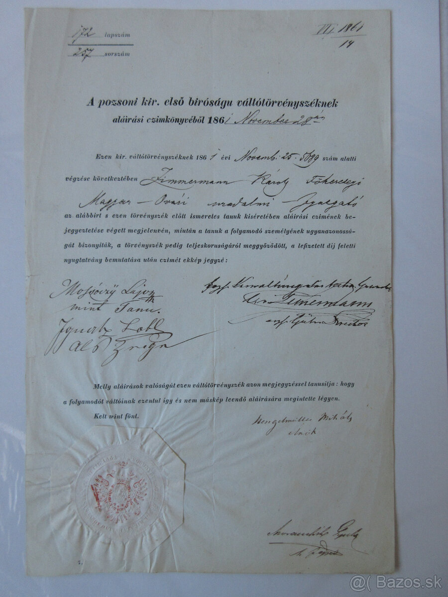 Listina r. 1861 Bratislava, súd, gróf Karol Zimmerman