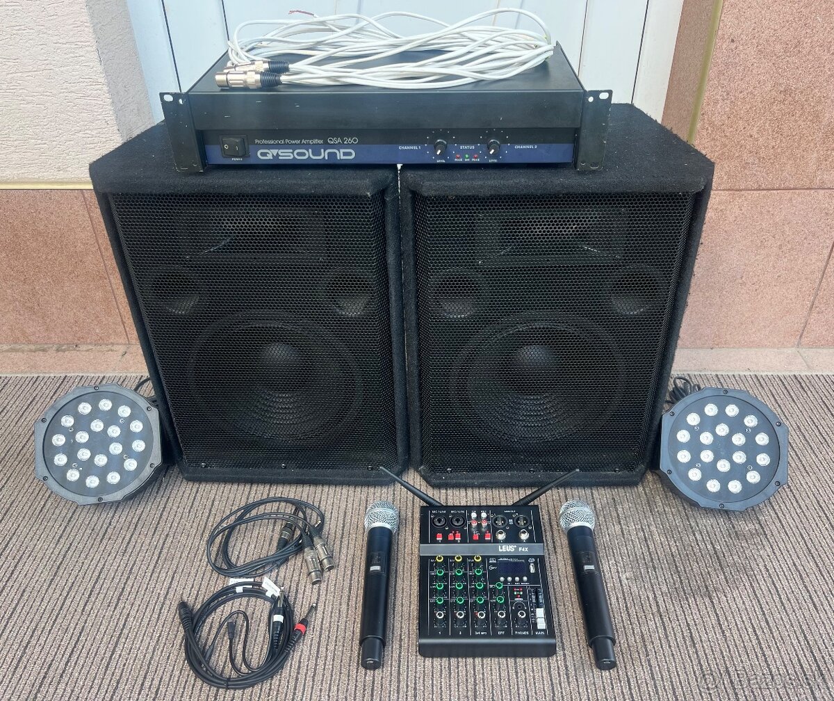 PRENOSNÉ OZVUČENIE 2x130W S USB/BT MIXPULTOM & MIKROFÓNMI