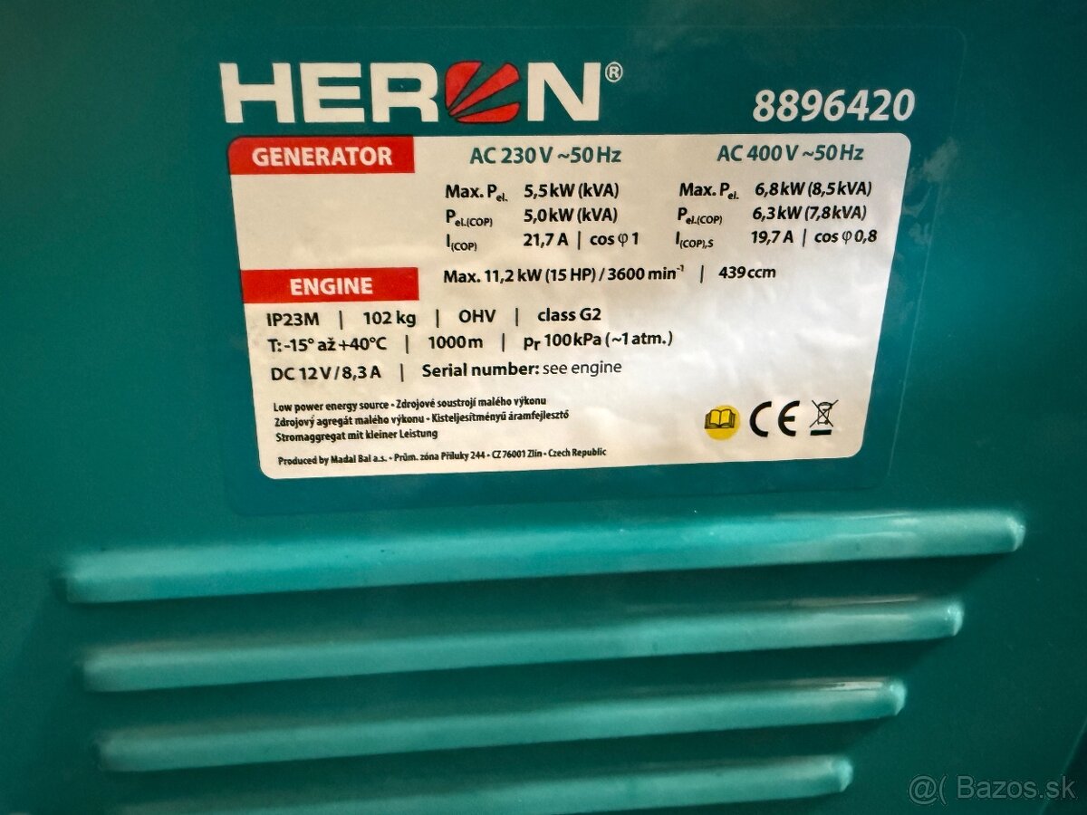 NOVÁ nepoužitá Elektrocentrála HERON benzín, 6,8kW/6,3kW,