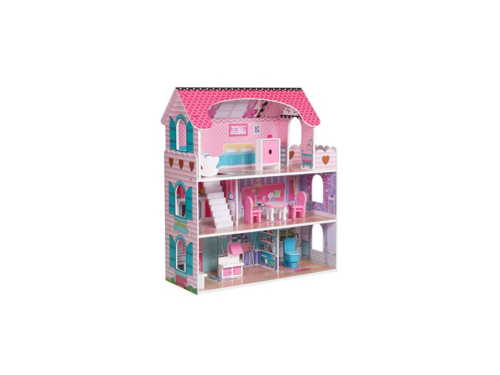 drevený domček pre bábiky + nábytok 70cm ružový LED