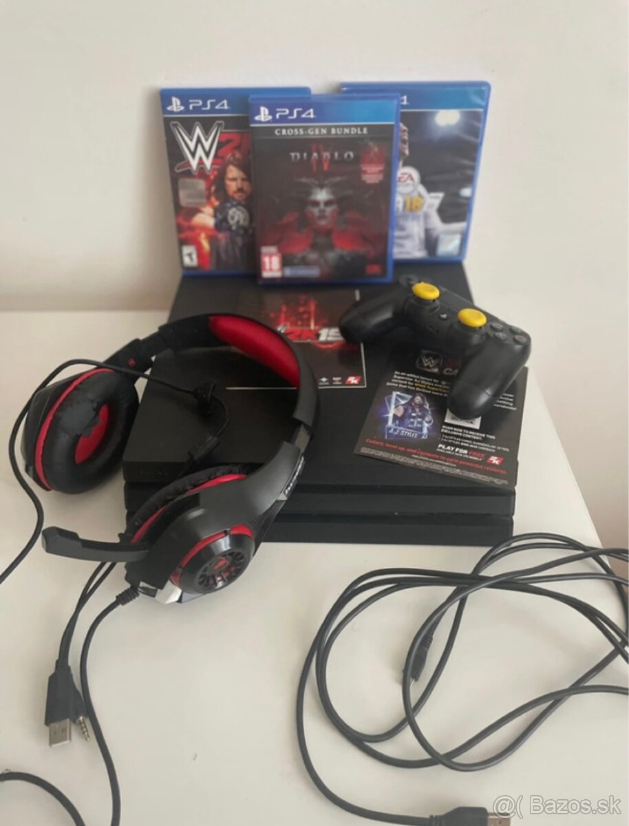 Ps4pro,ovladac,3hry,dlhsi kabel,sluchadla,kable k tv