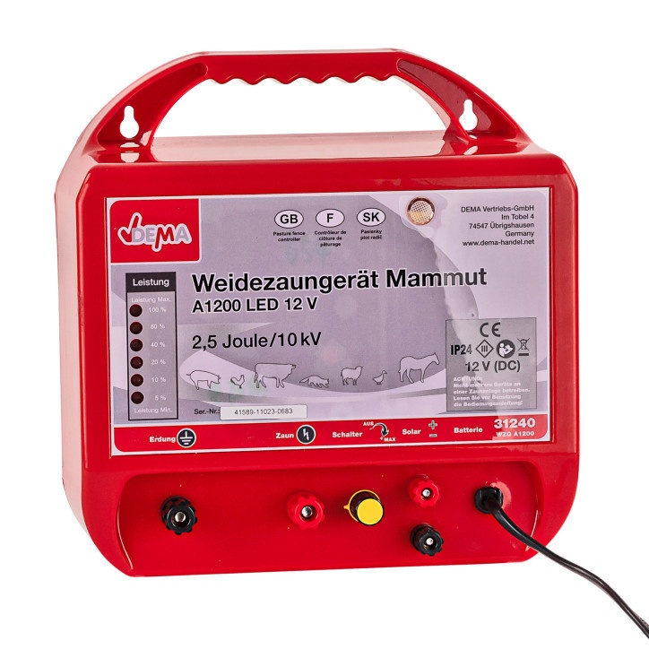 DEMA Elektrický ohradník 12 V 2,5 J do 10000 V Mammut A1200