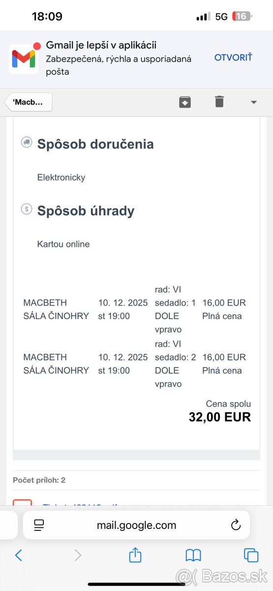 2 listky Macbeth SND Bratislava