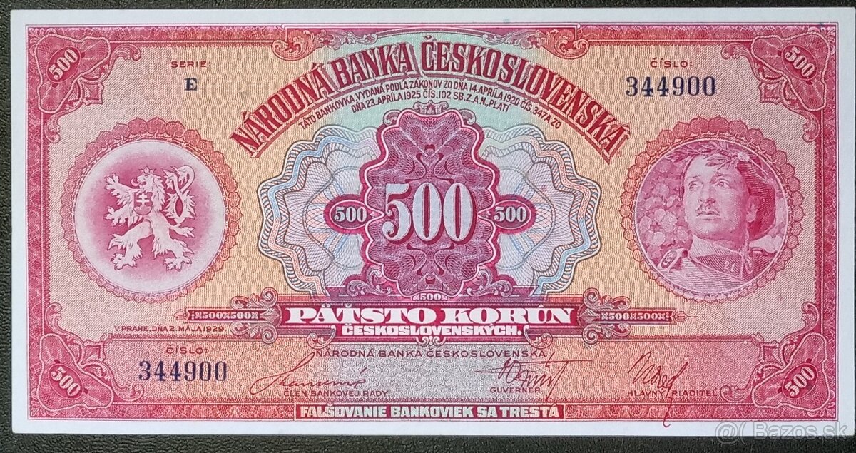 500 Kč 1929 séria E , neperforovaná aUNC