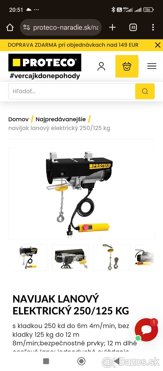 Navijak lanový elektrický 250/125 kg s kladkou 250 kd do 6m