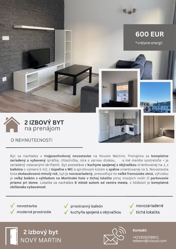 Prenájom 2 izbového (zariadeného) bytu v novostavbe