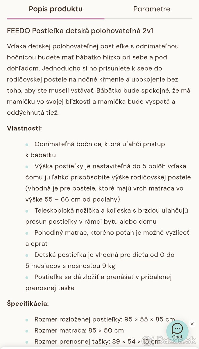 Polohovateľná prenosná postieľka