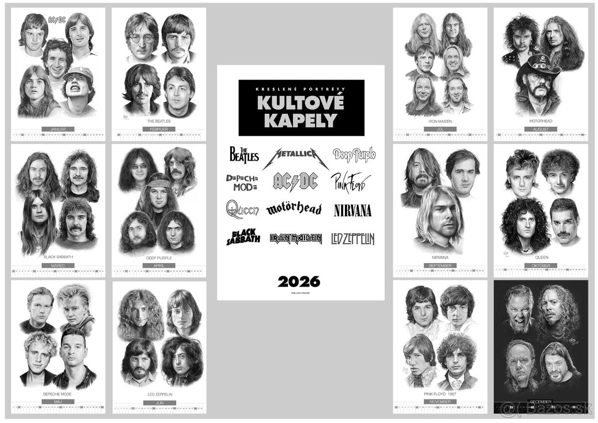 unikátny kreslený kalendár Kultové kapely 2026