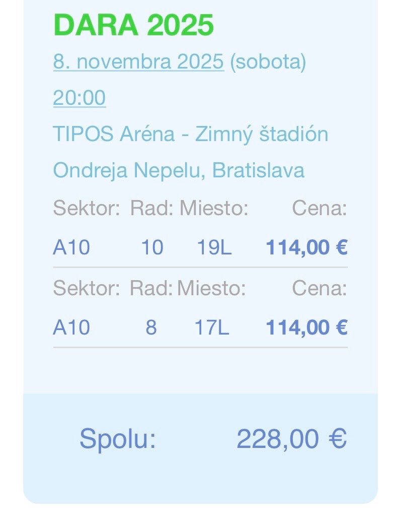 Predám 2 lístky na koncert DARY 8.11.