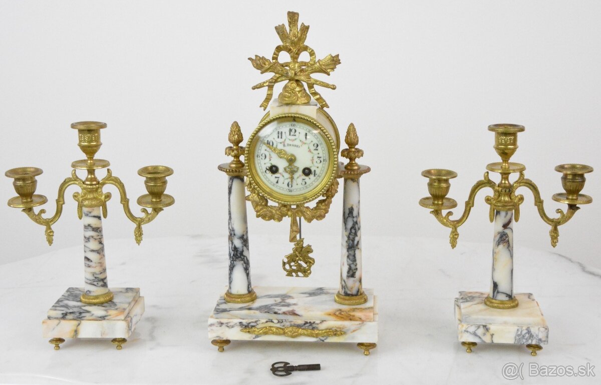 Starožitné sloupové hodiny France se svícny 1870