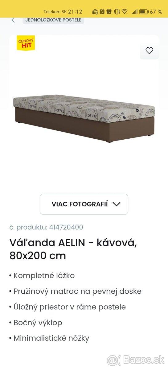 Predám posteľ: váľanda AELIN - kávová, 80x200 cm