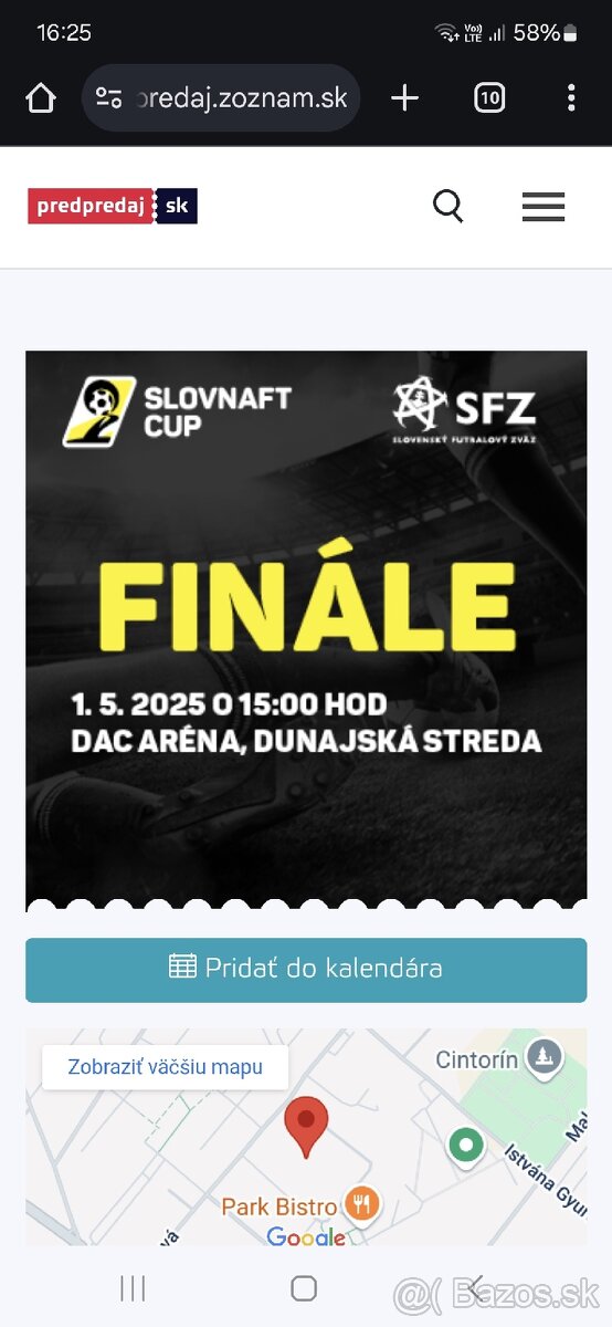 2x lístok na finále slovnaft cup