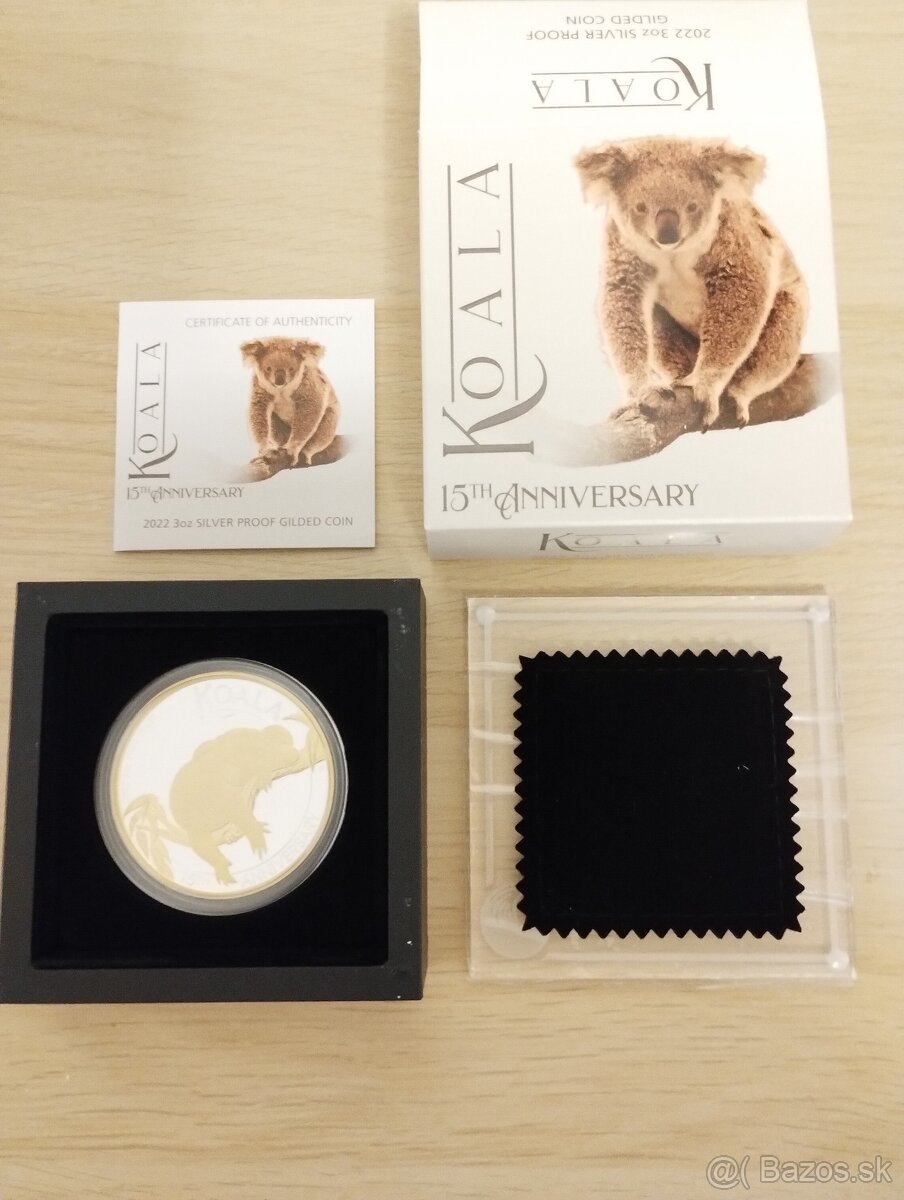 Predám striebornú mincu 3 oz Koala 2022 pozlátená limitovaná
