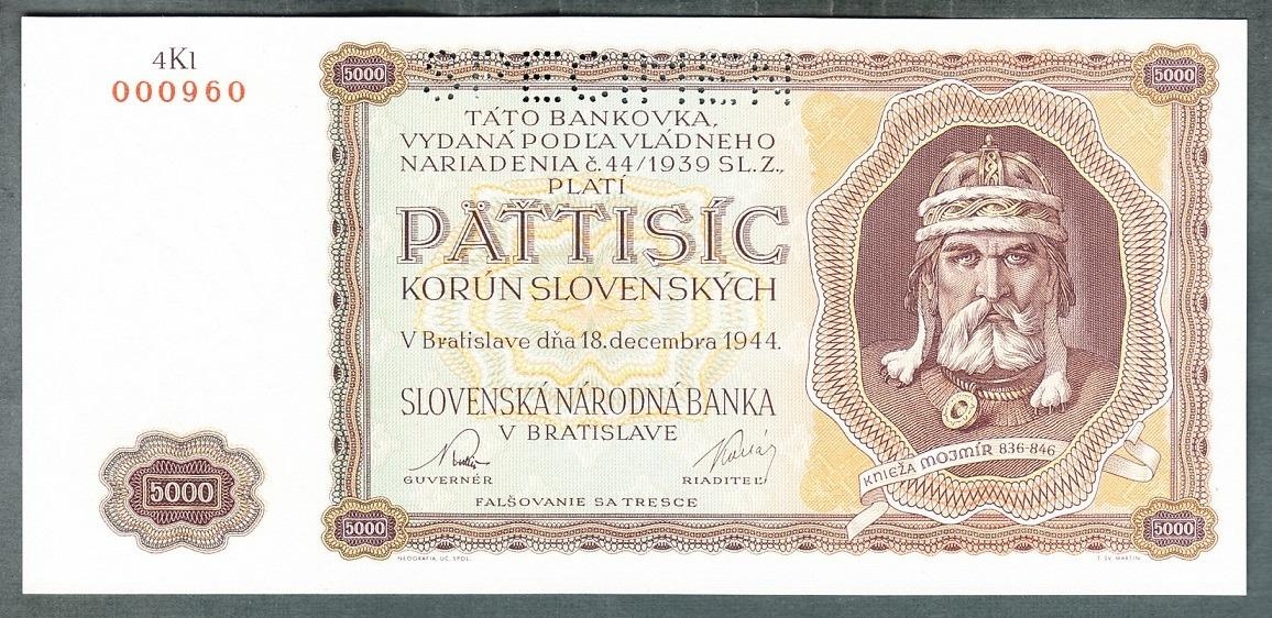 Staré bankovky 5000 sk 1944 MOJMÍR bezvadný stav UNC