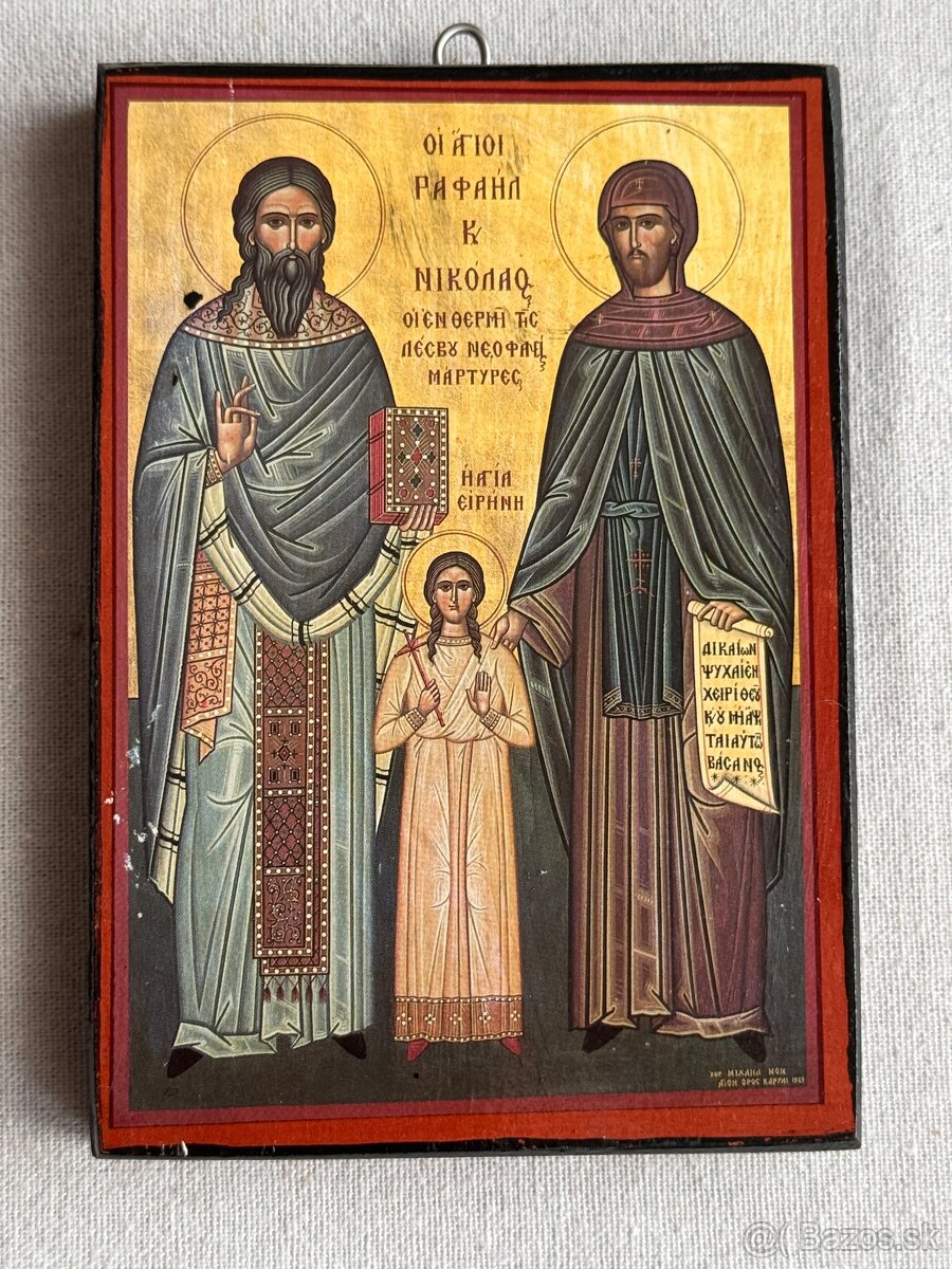 Dřevěná ikona svatý Rafael, Nikolaos a Irena.