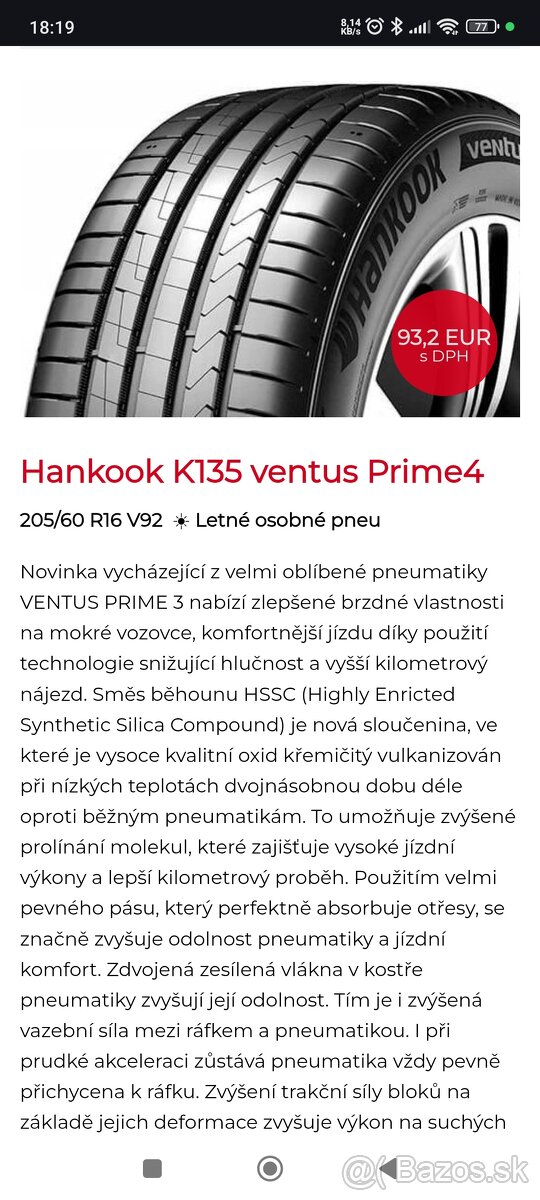 Hankook ventus prime4 205/60/R16 92V letné