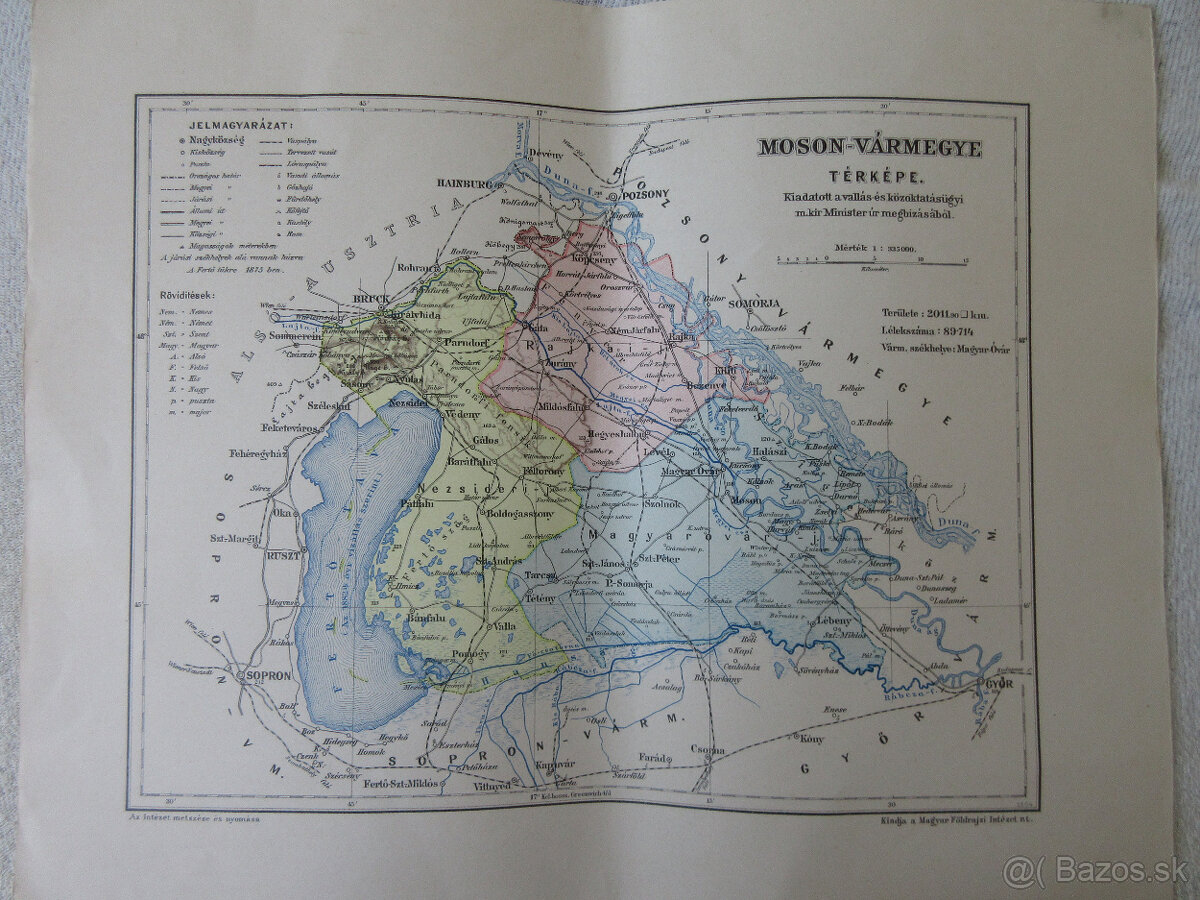 Mapa Mošonská župa r.1896 (Jarovce, Rusovce, Čunovo),