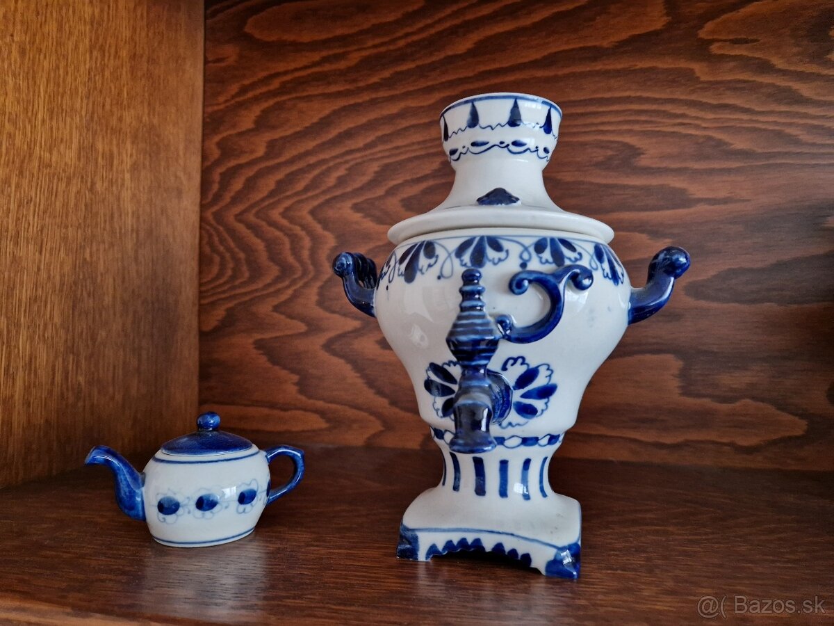 Rezervované Keramický samovar + mini čajník, dekorácia, Gžeľ