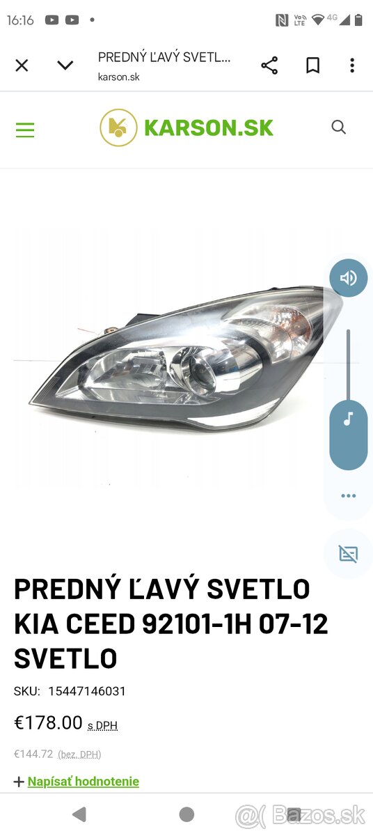 PREDNÝ ĽAVÝ SVETLOMET KIA CEED 92101-1H 07-12