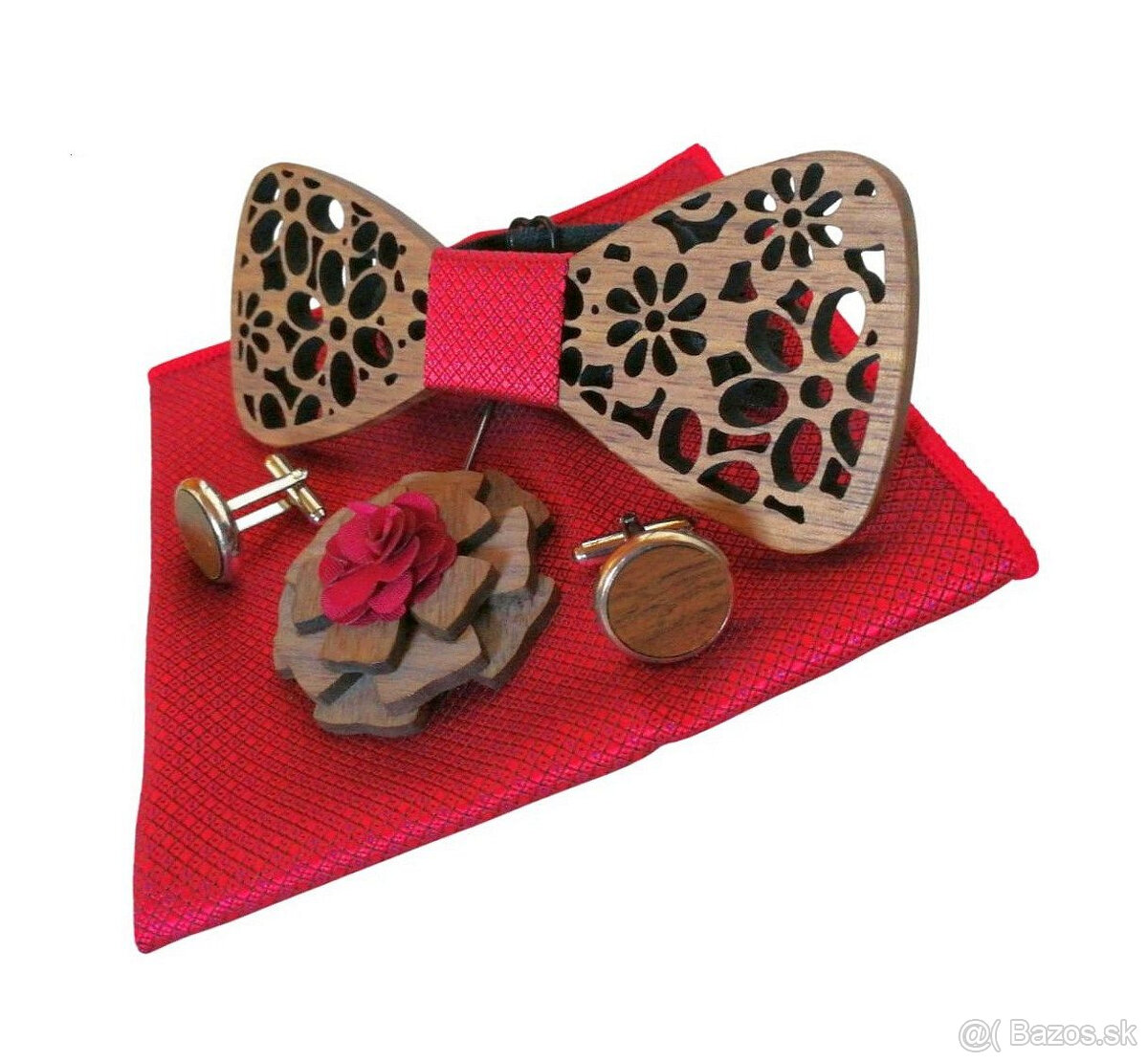 Červený drevený motýlik - set s brošňou