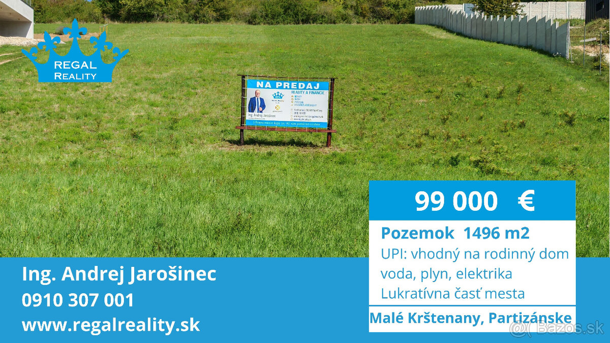 Lukratívny POZEMOK  č. 2 na RD, 1496 m2, Partizánske
