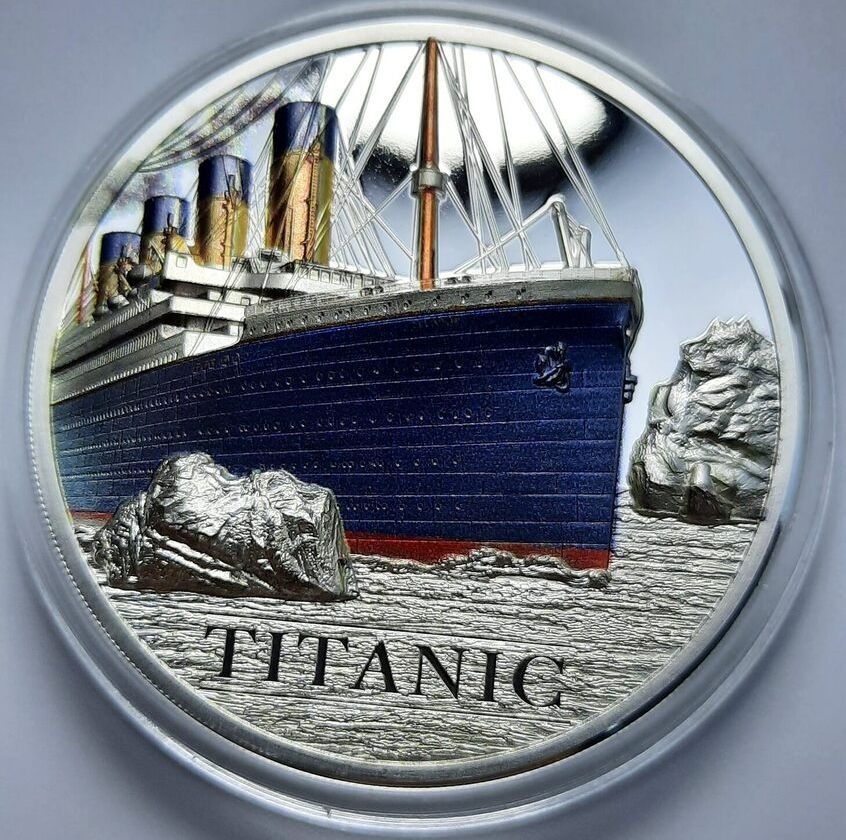 Stříbrná 1 oz mince Titanic 2022 hrudkou uhlí z Titanicu