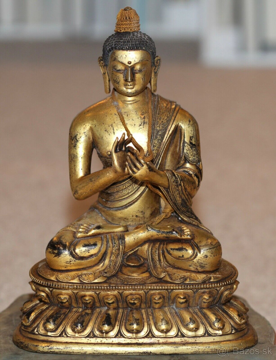 Starožitný čínsky tibetský obrovský pozlátený bronzový Budha
