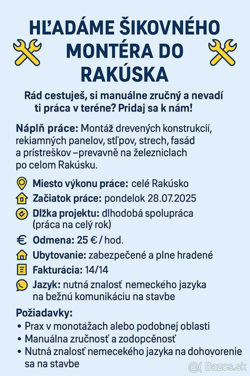🔧 HĽADÁME ŠIKOVNÉHO MONTÉRA DO RAKÚSKA 🔧