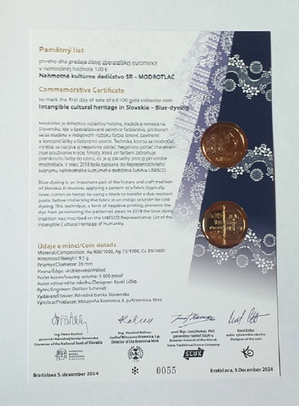 Pamätný list 2024 100 € Modrotlač