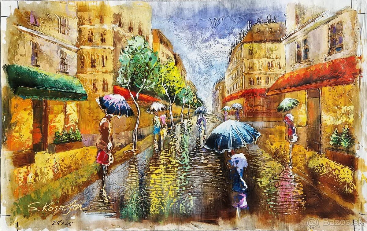 SHAUL KOSMAN - City in the rain (olejomalba) Expresionizmus