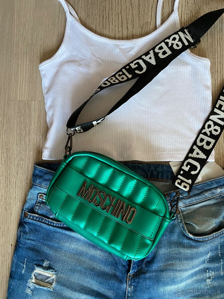 Nová dámska lesklá crossbody zelená kabelka Moschino