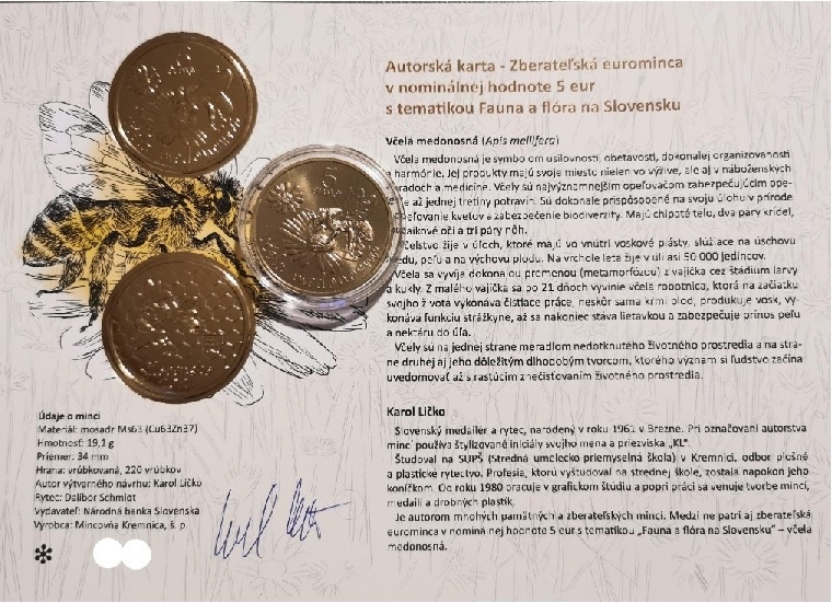 Autorská karta k 5€ minciam Slovensko / 5 euro mince.