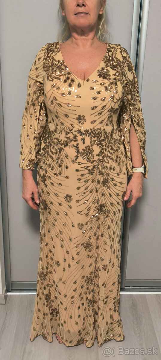Nové moderné krásne béžovozlaté spoločenské šaty s kamienkam