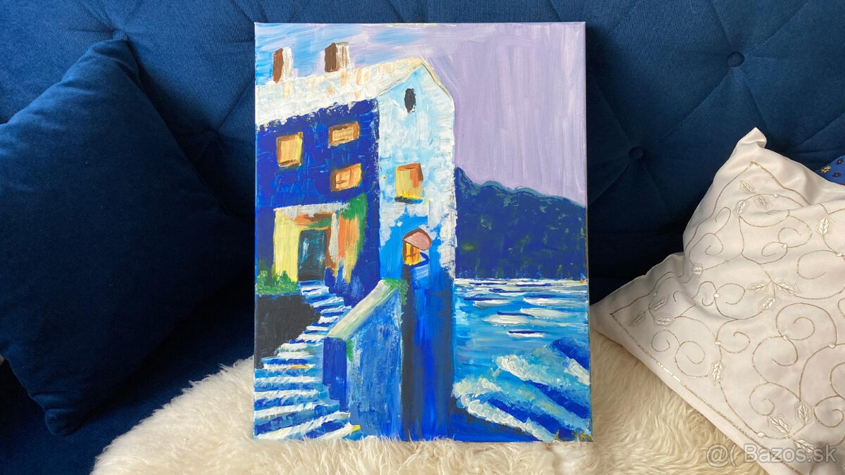 Ručne maľovaný obraz 50x40cm – Modrý dom pri jazere originál