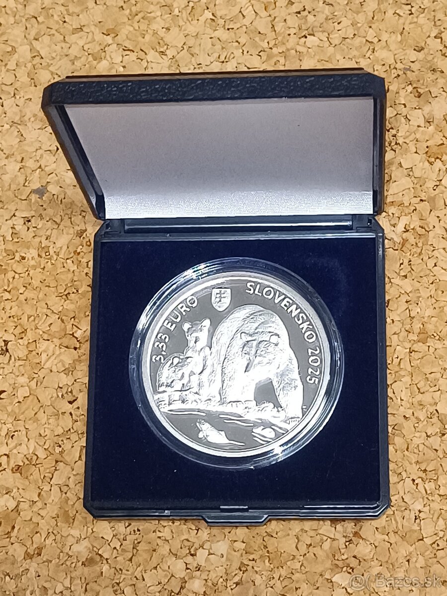 Strieborná minca 3,33 EUR Medveď hnedý