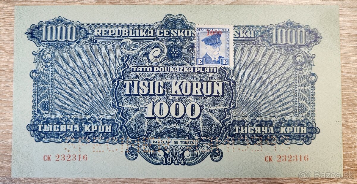 1000 korun, 1944, CK, 2 x dolny SPECIMEN + kolok