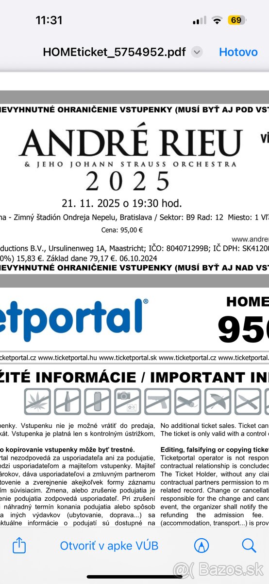 Predám lístky André Rieu