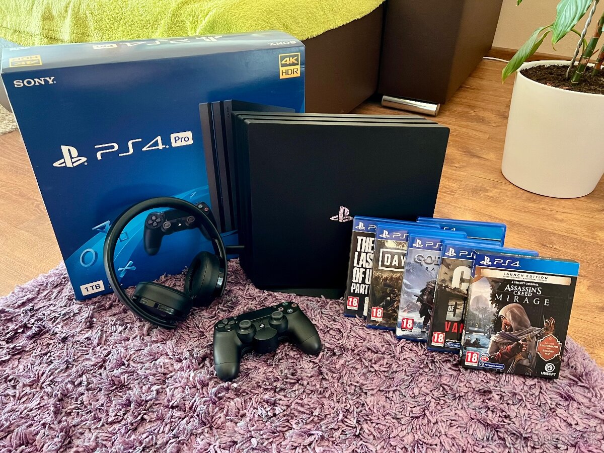 PS4 pro 1 TB + nový ovládač + headset gold + 6 hier