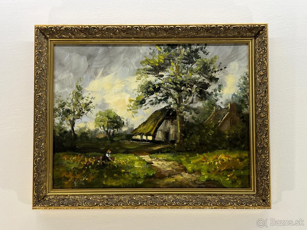 Olejomaľba chalupky s dievčatkom