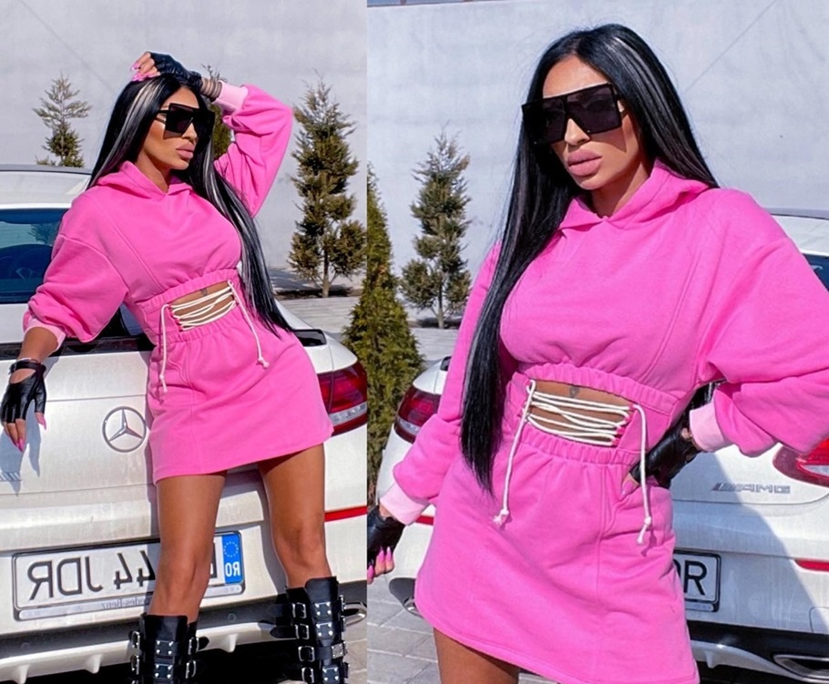 Bavlnené dámske ružové šaty s kapucňou dlhý rukáv NOVE