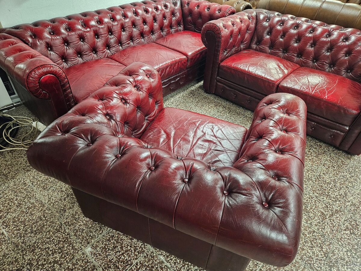 CHESTERFIELD ŠTÝL,BORDOVO-ČERVENÁ KOŽENÁ