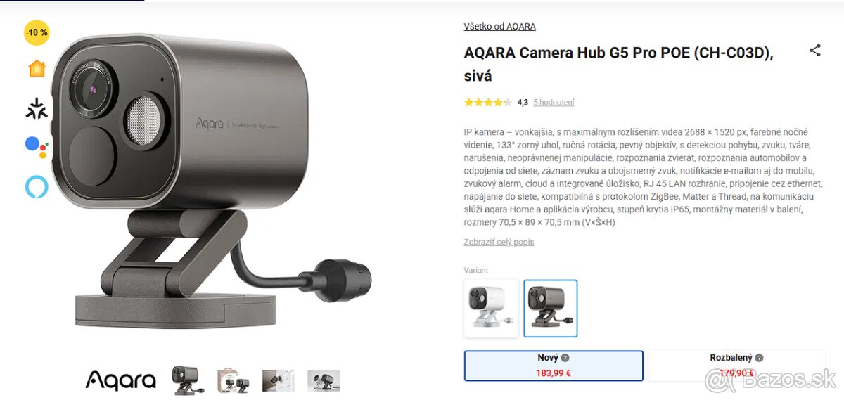 AQARA Camera Hub G5 Pro POE (CH-C03D), sivá