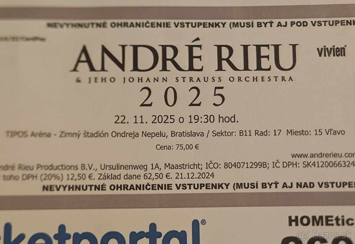 Andre Rieu - 22.11.2025 (Vymením 2 lístky)