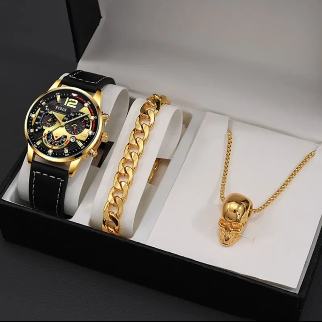 Zlaté pánske hodinky s náramkom a náhrdelníkom