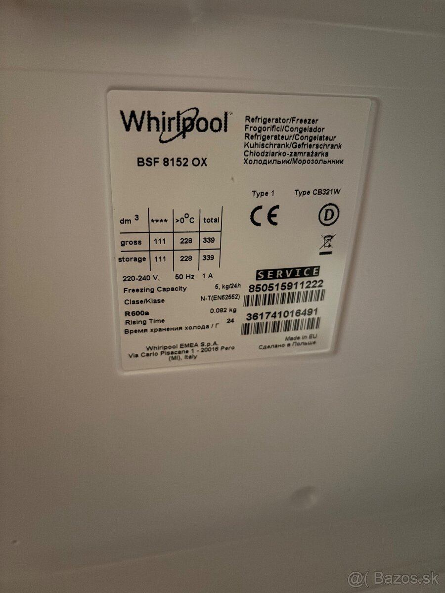 Predám Chladničku s mrazničkou Whirlpool BSF 8152 OX
