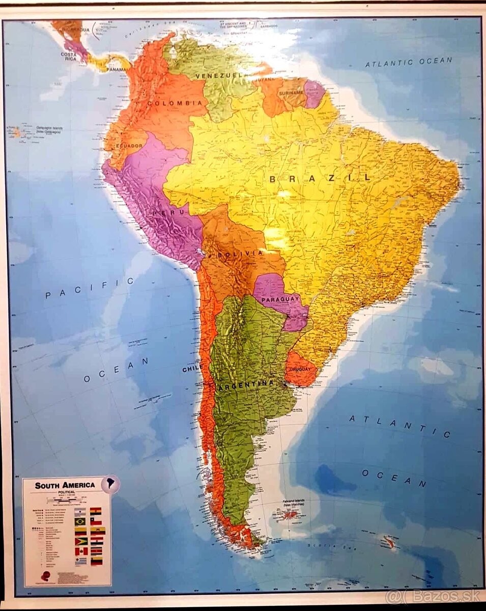 nastenna politicka mapa Juznej Ameriky s vlajkami