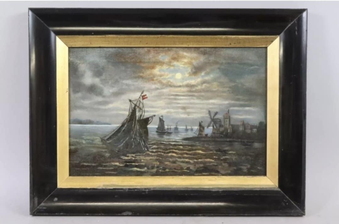 Predám starožitnú olejomalbu na plátne 50cm x 37cm ,,Prístav