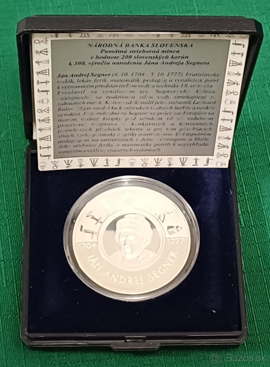 Strieborná pamätná minca 200Sk, 2004, Ján Andrej Segner, pro