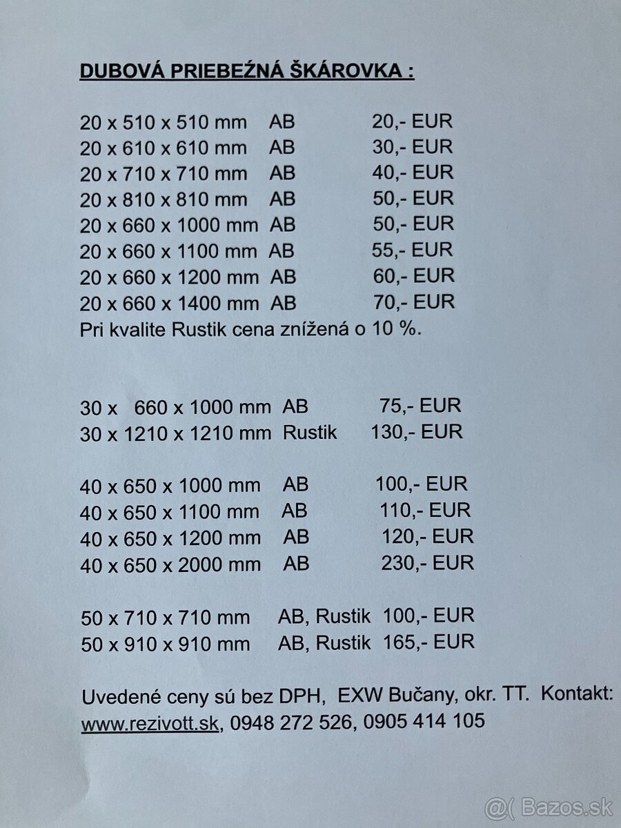 Dubová priebežná škárovka hr. 20, 30, 40, 50 mm